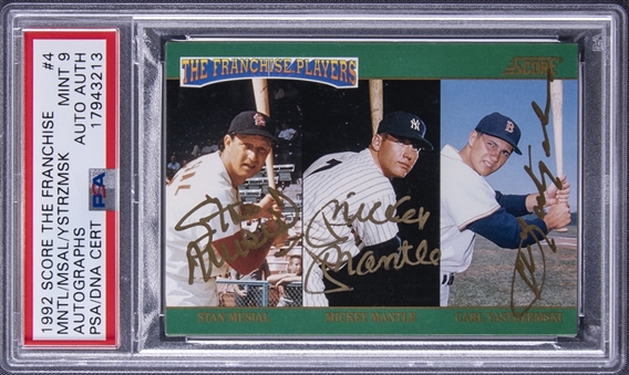 1992 Score "The Franchise Players" #4 Stan Musial/Mickey Mantle/Carl Yastrzemski Triple Signed Card (#380/500) - PSA MINT 9, PSA/DNA AUTHENTIC - POP 1 - None Higher! 